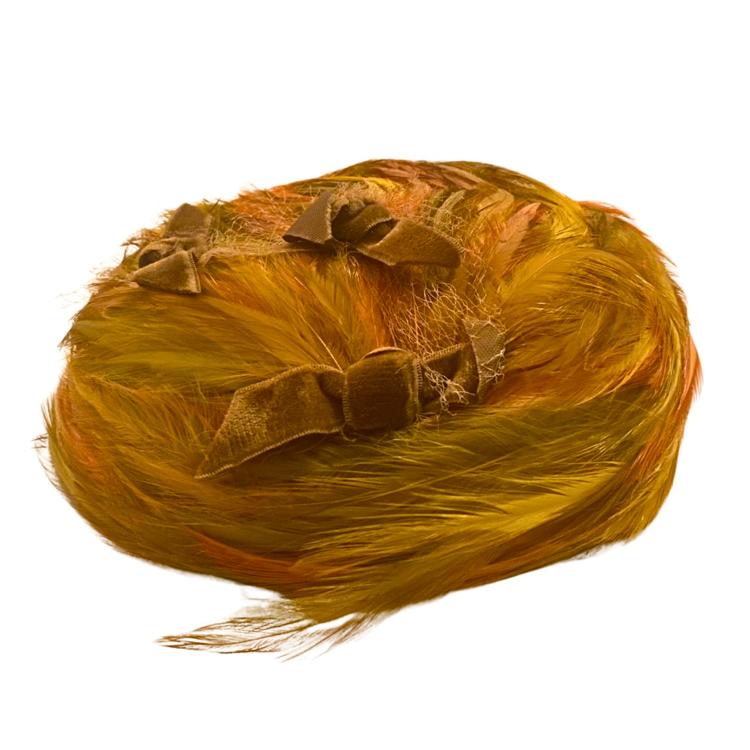 Vintage Orange, Brown, and Green Feather Pillbox Hat