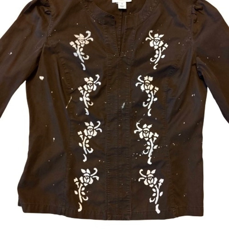 Painted Roses Upcycled Vintage Chocolate Brown Cotton 3/4 Sleeve Top (Medium)