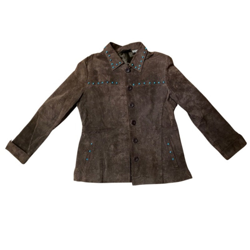 Upcycled Vintage Turquoise Bead Studded Chocolate Brown Suede Genuine Leather Jacket (S)