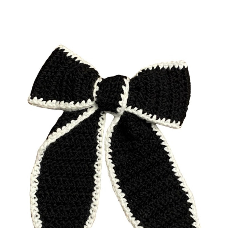 Black Crochet Bow with Cream Trim - Handmade Accessory with Removable Clip