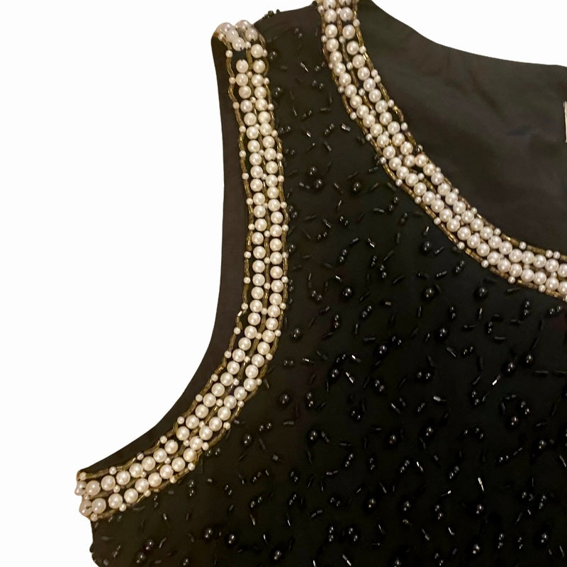 🔔 Vintage Women’s Black, Pearl & Bead-Embroidered Black Silk Sleeveless Top (14P)