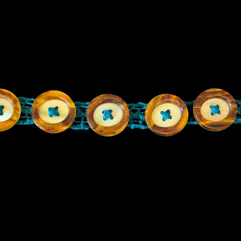 Faux Mother of Pearl /Tortoiseshell Button Embellished Handknit Teal Cotton Choker Necklace