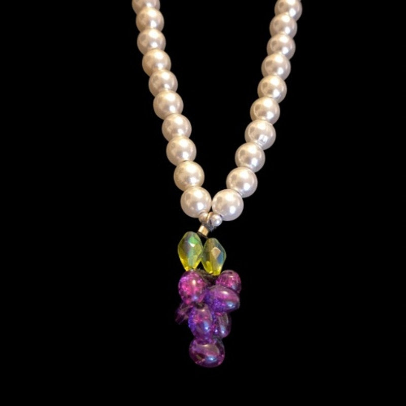 Grape Cluster Pendant Mock Pearl Choker Necklace | Handmade with Vintage Beads