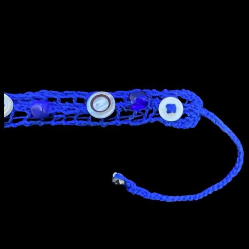 Black and White Button Embellished Royal Blue Handknit Cotton Choker Necklace