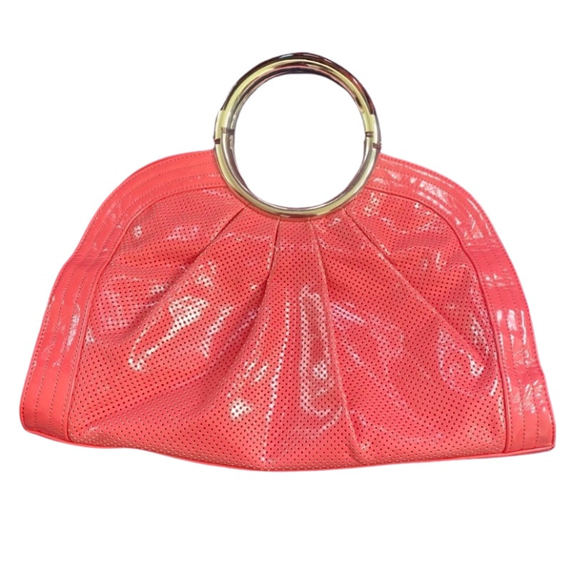 NWOT Coral Pink Faux Leather Tortoiseshell Handle Handbag with Leopard Print Lining, Removable Strap, Mirror