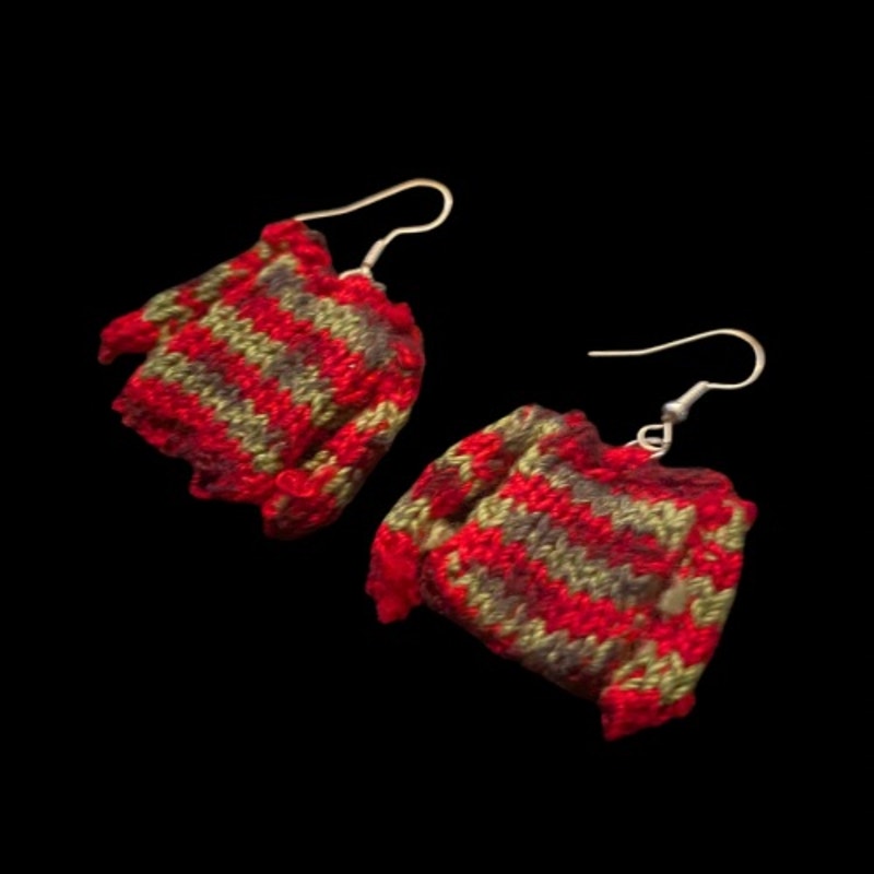 KRUEGER Red & Green Striped Sweater Earrings | Handknit with Cotton Thread