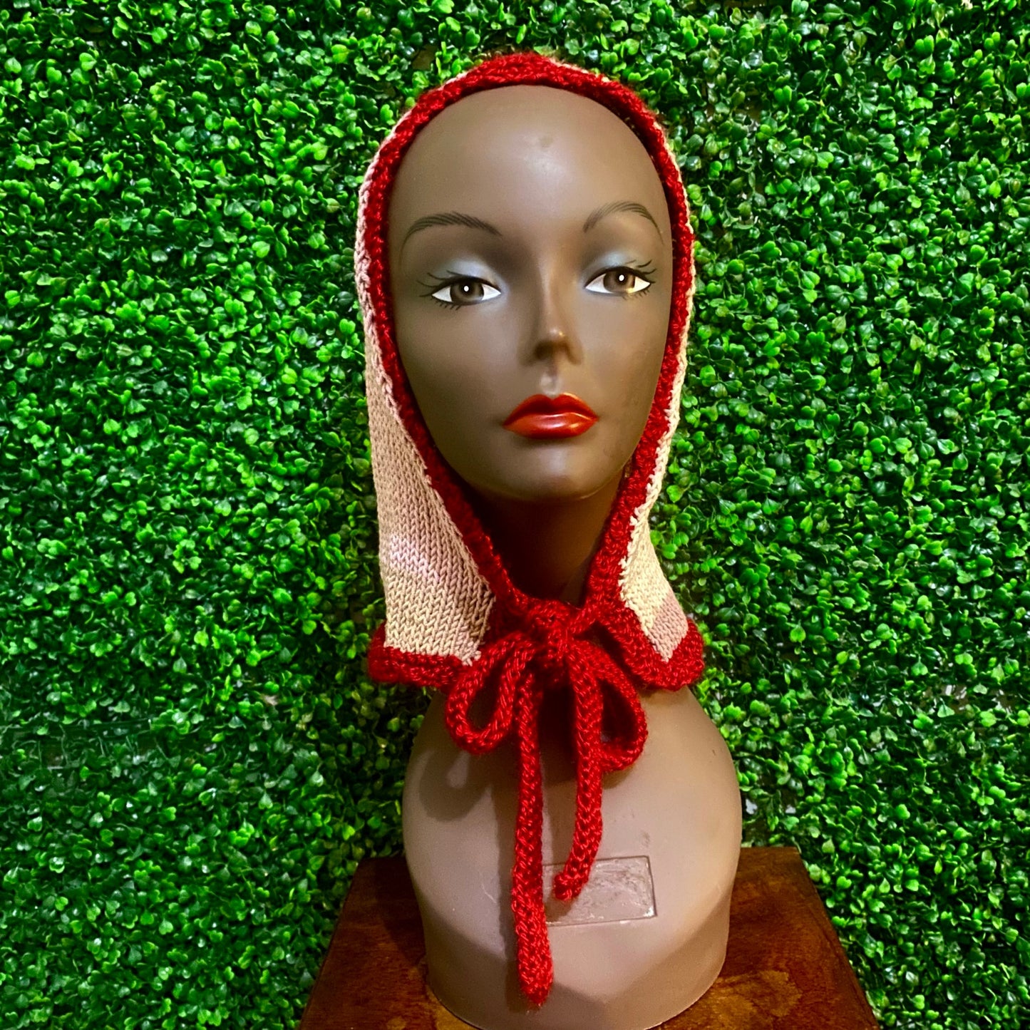 Striped Knit Cherry Red/ Neapolitan Bonnet-clava - Balaclava with Tie Closure (M)