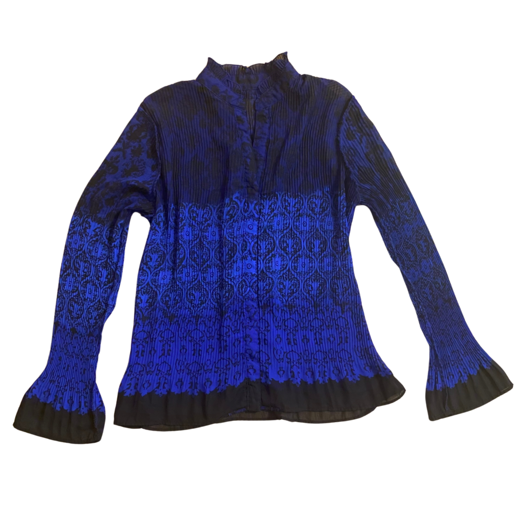 Sheer Ombré Royal Blue & Black Floral Damask Print Ruffled Bell Sleeve Button-Down Blouse (L)