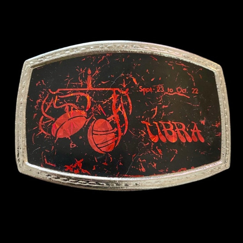Vintage 1970’s Black Distressed Prismatic Zodiac Belt Buckle | Red Libra
