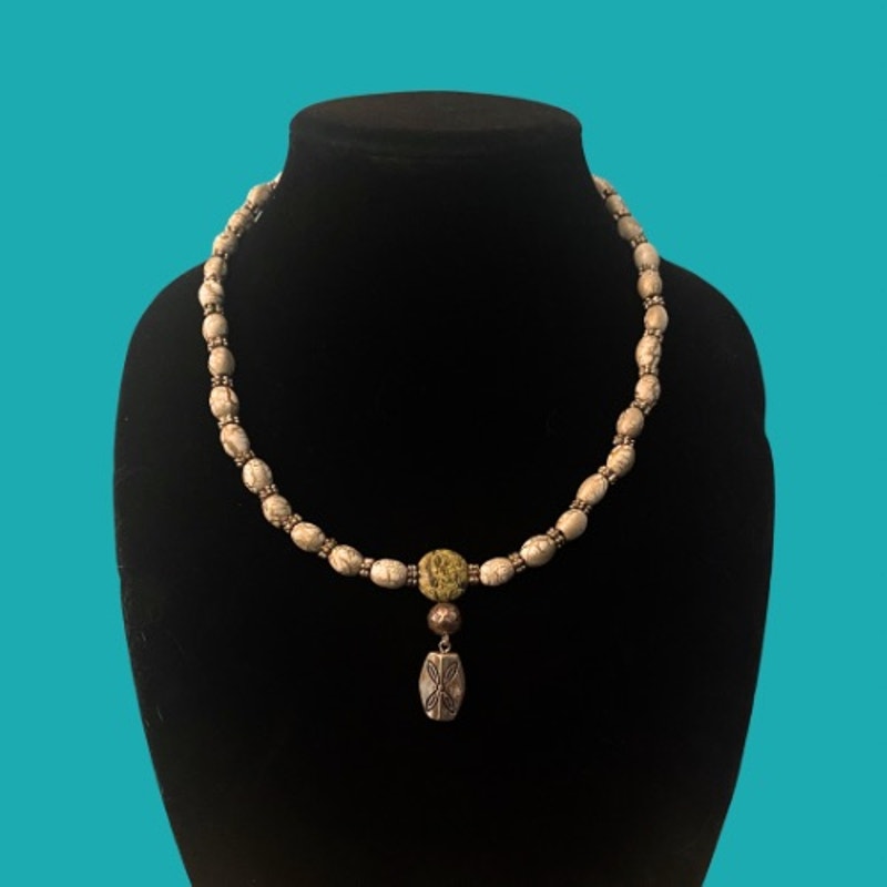 Upcycled Mint Green Marble & Silver Toned Metal Beaded Pendant Necklace