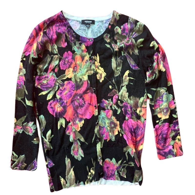 Black & Bright Floral Jungle Cardigan w/ Faux Black Diamond Buttons (S)