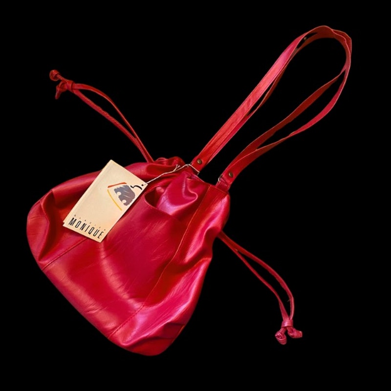 Vintage Candy Apple Red Pleather Drawstring Purse/ Shoulder Bag