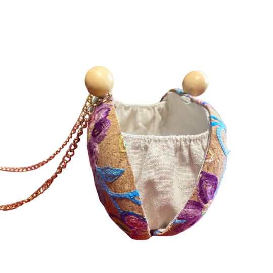 Floral Embroidered Cork Oval Clutch/ Crossbody Bag with Removable Gold Chain Strap