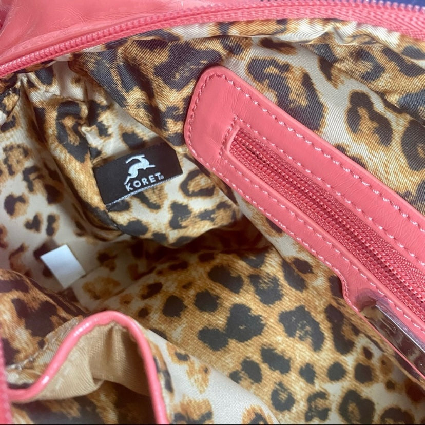 NWOT Coral Pink Faux Leather Tortoiseshell Handle Handbag with Leopard Print Lining, Removable Strap, Mirror