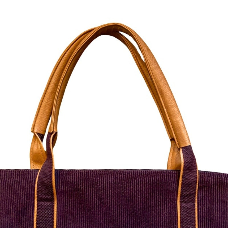 Large Maroon Corduroy Tan Faux Leather Weekender Bag with Adjustable Shoulder Strap