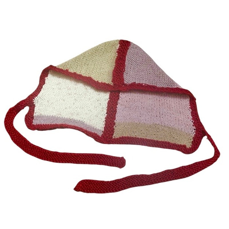 Striped Knit Cherry Red/ Neapolitan Bonnet-clava - Balaclava with Tie Closure (M)