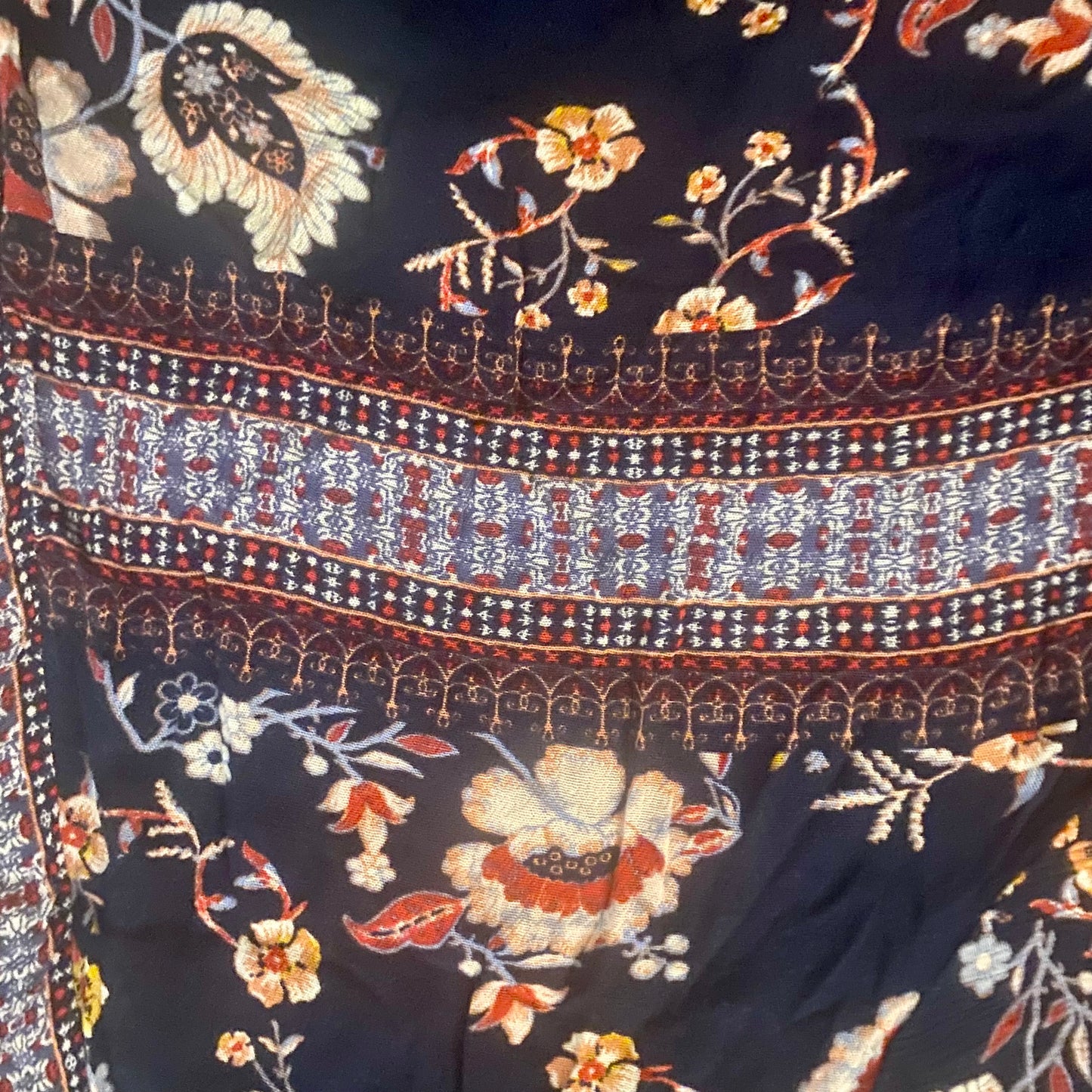 Navy Blue Floral Open Front Rayon Kimono-Inspired Cardigan (L)