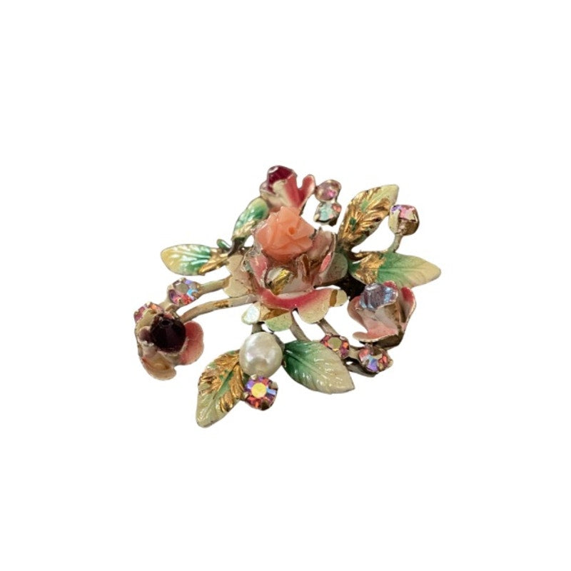 1950’s-60’s Vintage Austrian Enamel Gold Floral Rhinestone Brooch