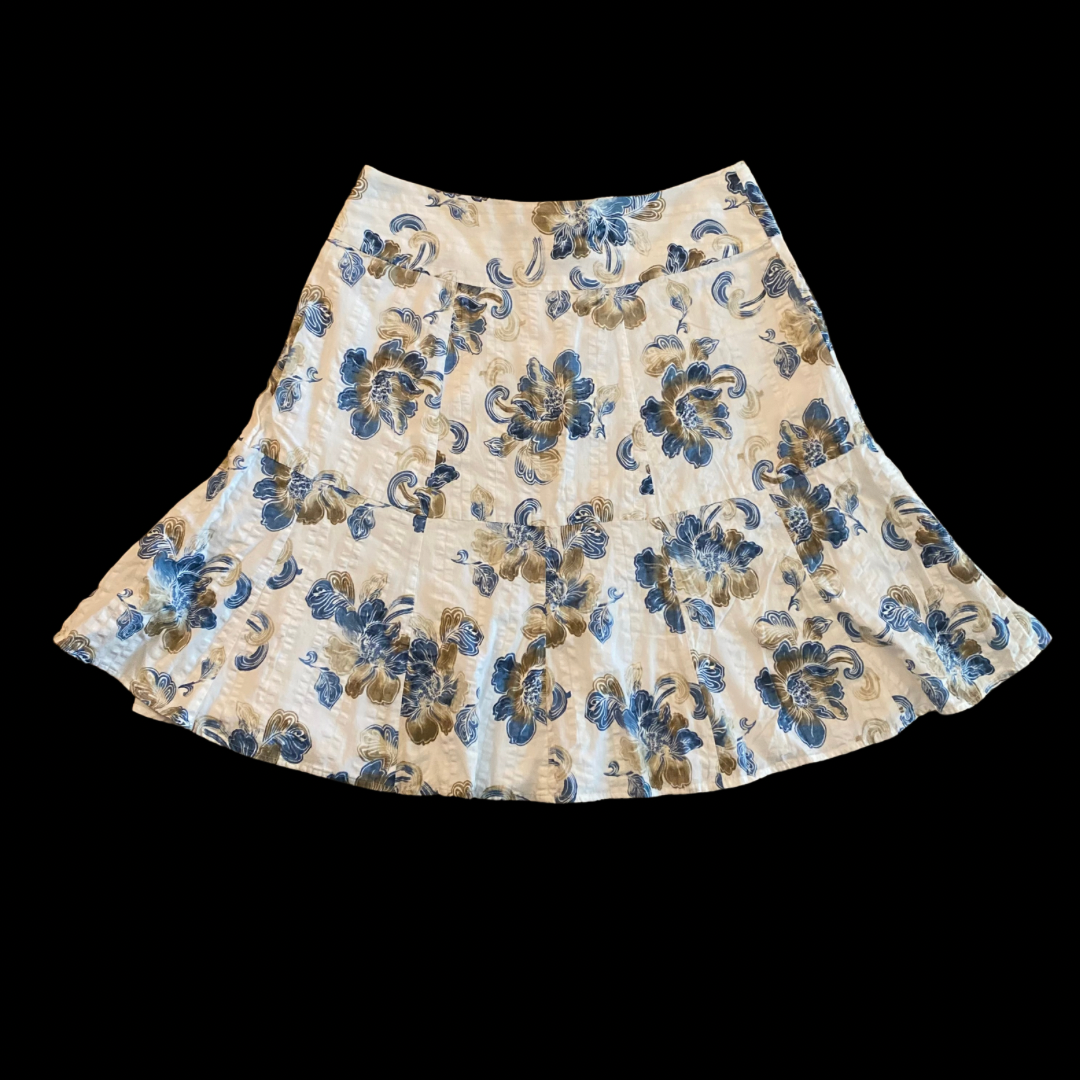 White/ Gold/Blue Cotton Hibiscus Print Skirt (10)