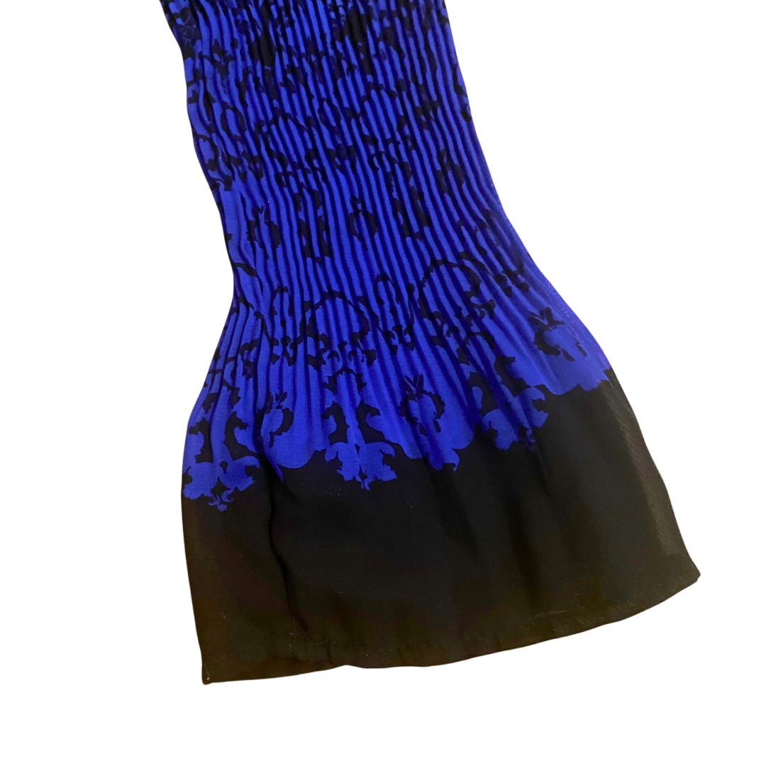 Sheer Ombré Royal Blue & Black Floral Damask Print Ruffled Bell Sleeve Button-Down Blouse (L)