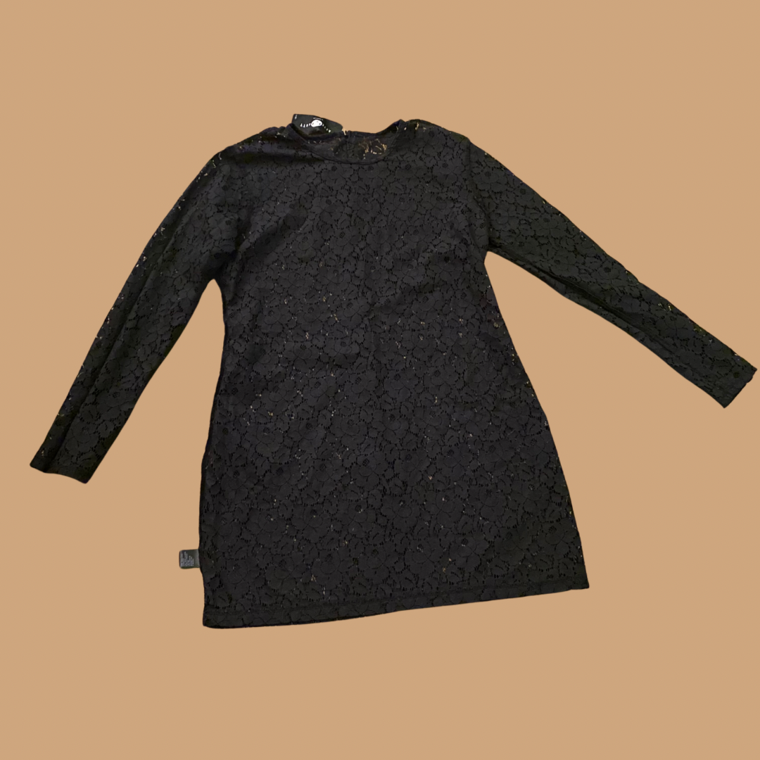 Black Cotton Long-sleeve Lace Party Dress (M)