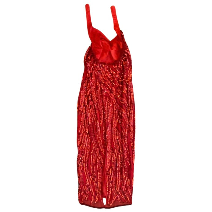 Vintage Handmade 100% Silk Red Bead Sequin Embroidered Halter Top Gown (XXS/XS)
