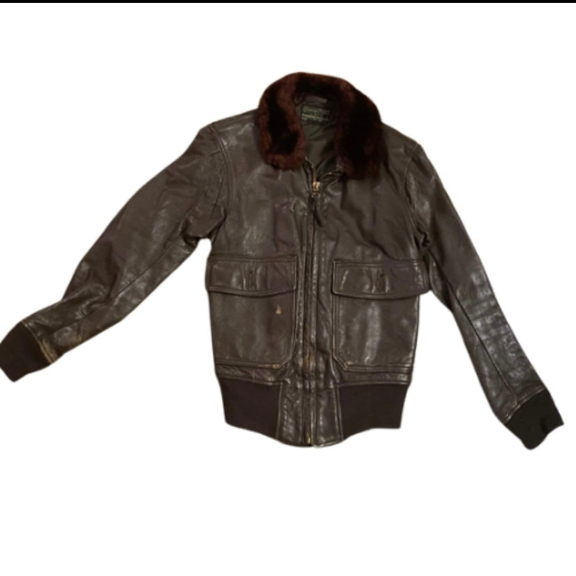*RARE VINTAGE* 1960s USN Men’s Type G-1 Chocolate Brown Leather Flight Jacket with Fur Collar (36)