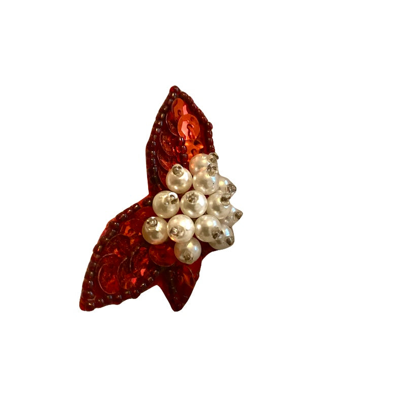 Red Sequin Pearl Beads Butterfly Wing Clip On Earrings