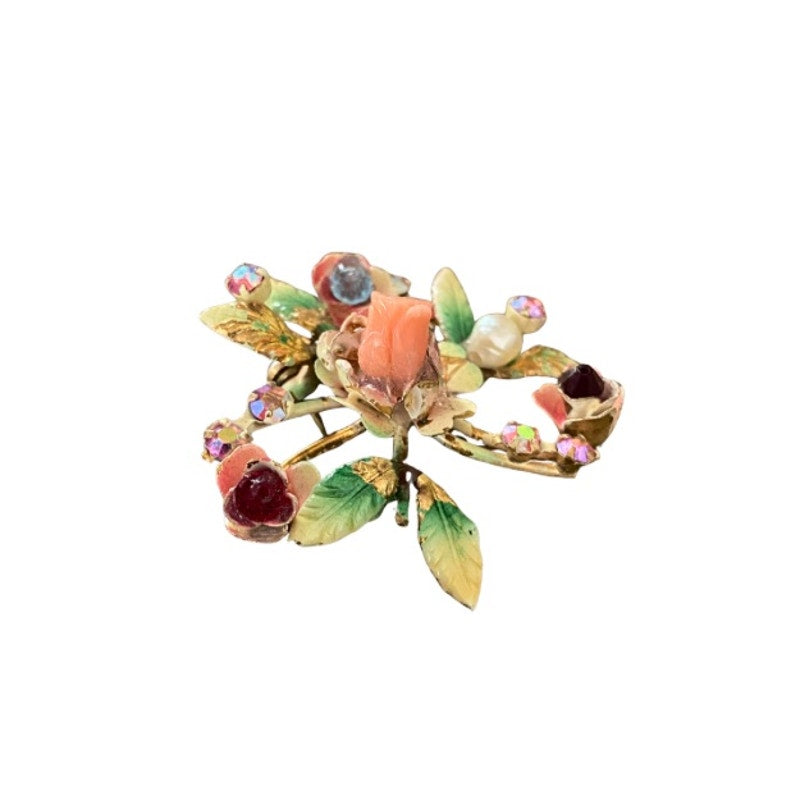 1950’s-60’s Vintage Austrian Enamel Gold Floral Rhinestone Brooch