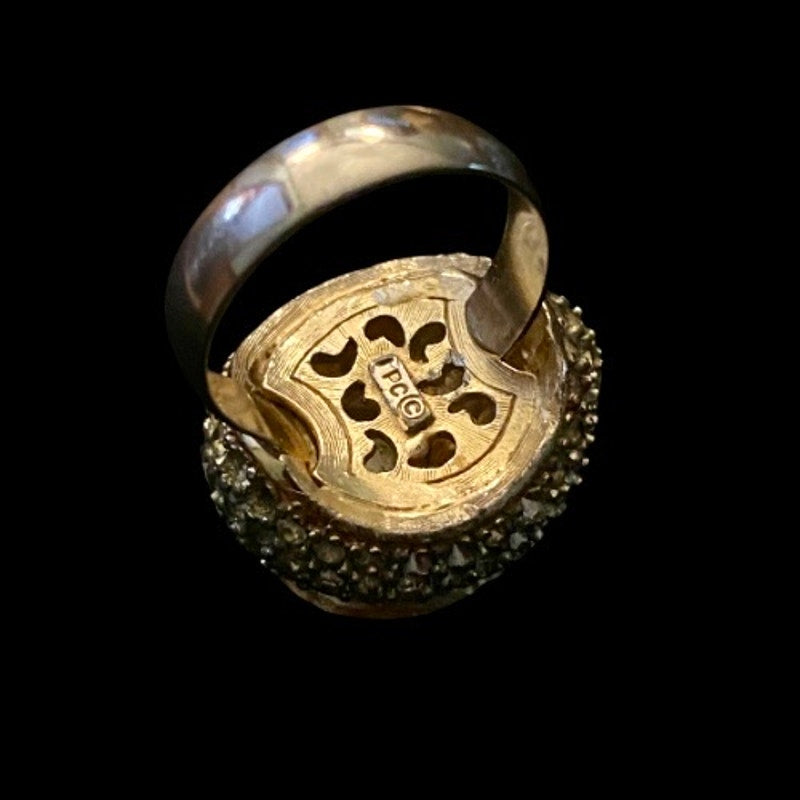 Vintage Faux Pearl Gold Toned Rhinestone Studded Cocktail Ring (9.5, Adjustable)
