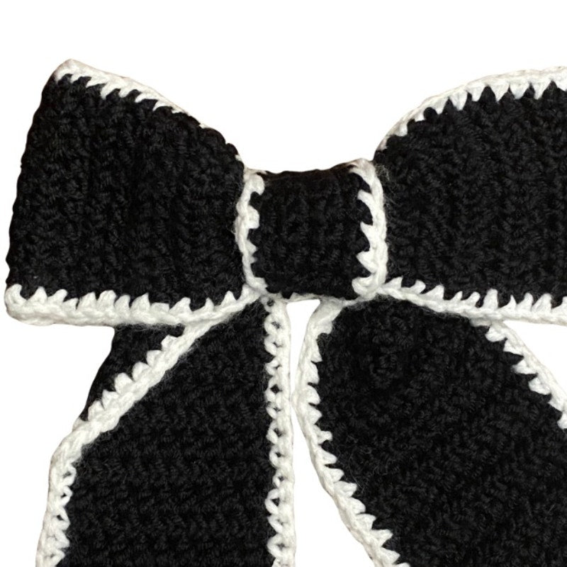 Black Crochet Bow with Cream Trim - Handmade Accessory with Removable Clip