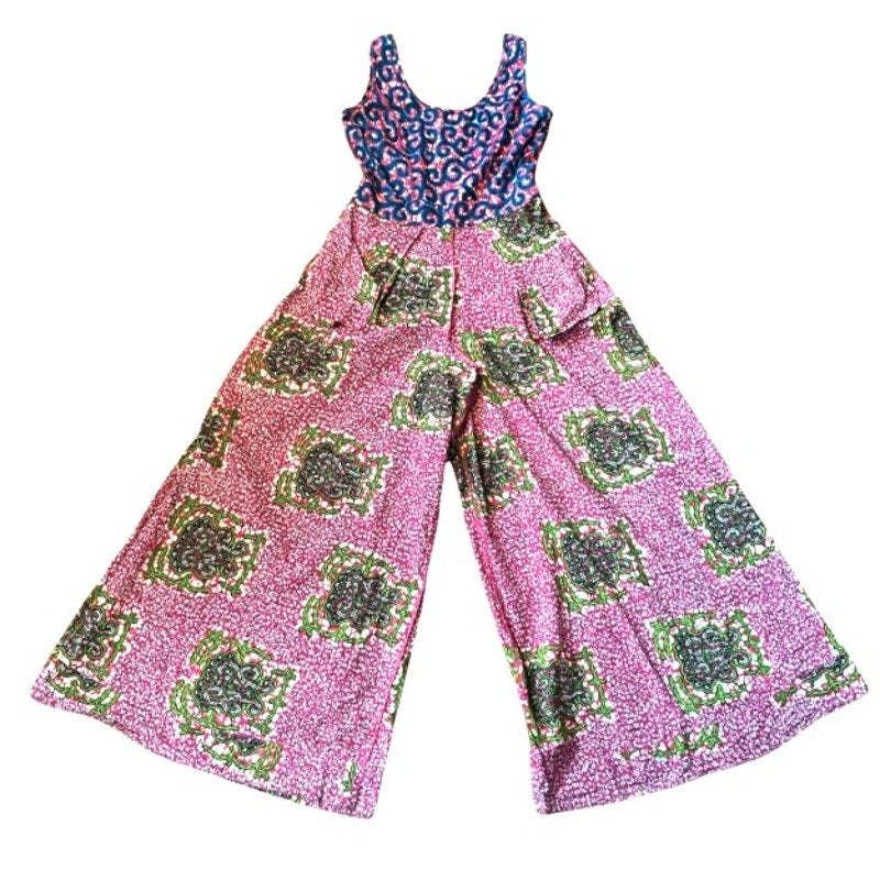 Vibrant Hot Pink, Royal Blue, Lime Green Abstract Ankara Print Wide-Legged Sleeveless Cotton Jumpsuit (M)