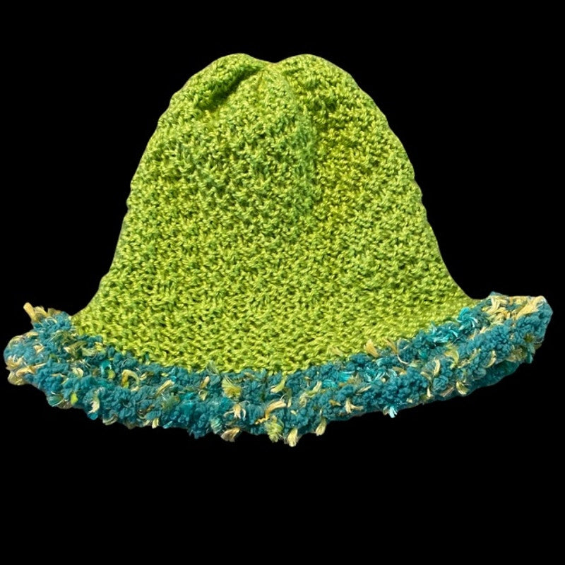 Mossy Lime Green & Teal Fuzzy Trim Bucket Hat (L)