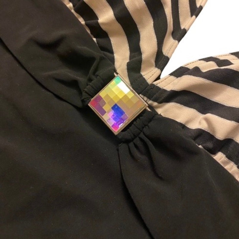 NWT Livia Monte Carlo White/Black Striped One Piece w/ Square Rainbow Disco Prism Accent (L)