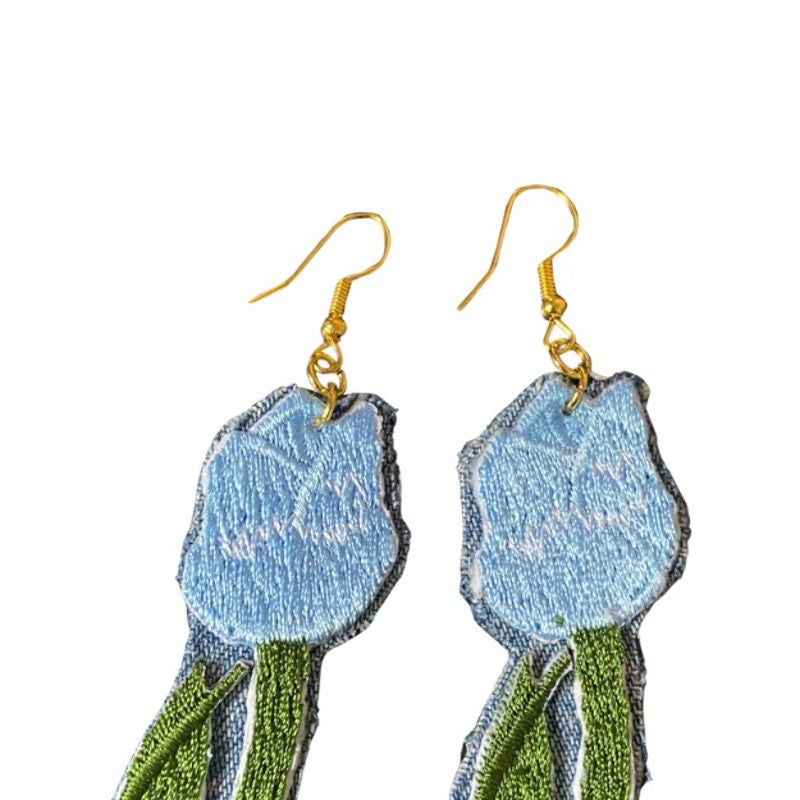 Upcycled Vintage Blue Tulip Embroidered Patch + Denim Earrings