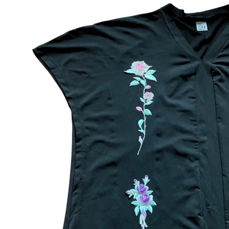 Upcycled Pastel & Silver Rose Vintage Patch Embellished Black Tunic (L)