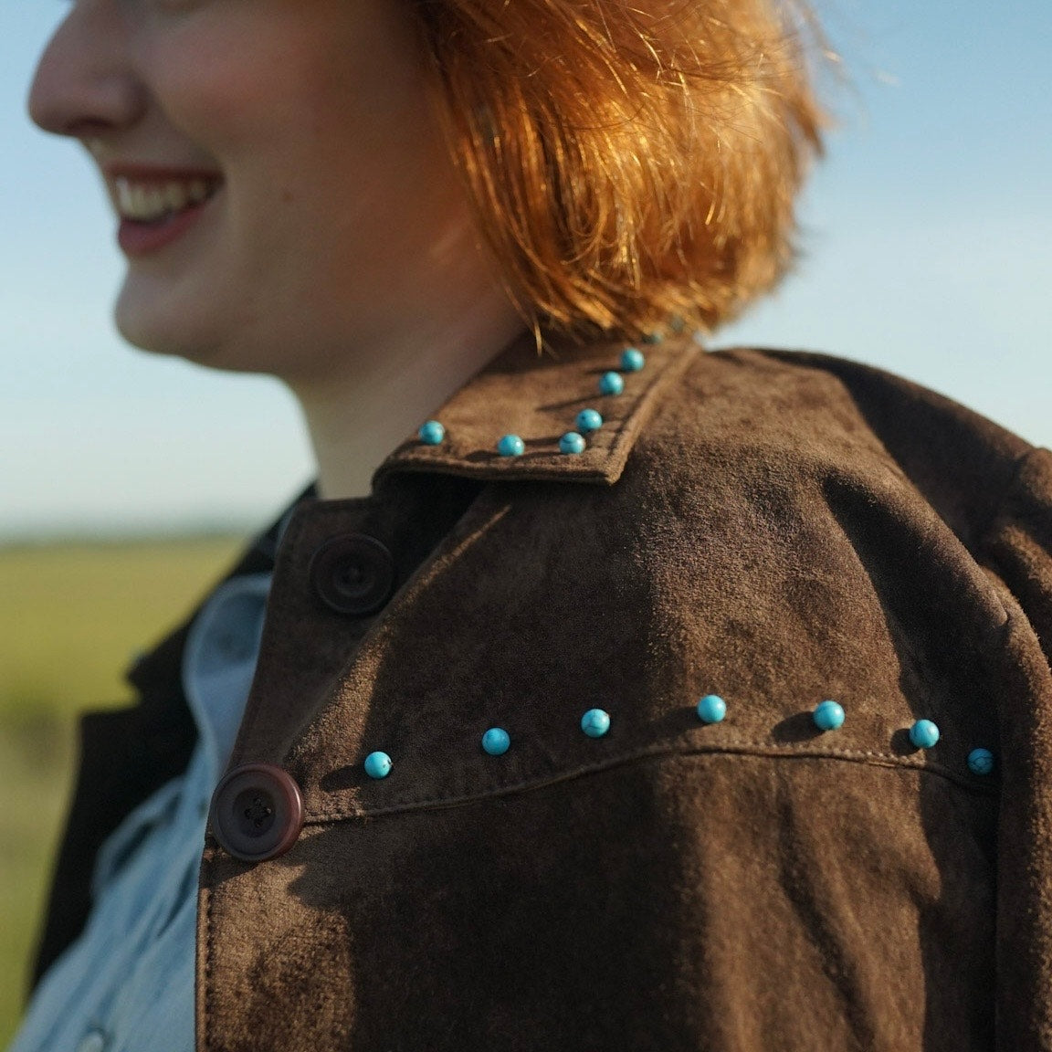 Upcycled Vintage Turquoise Bead Studded Chocolate Brown Suede Genuine Leather Jacket (S)