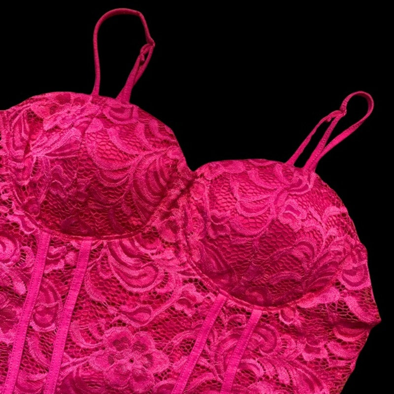 Hot Pink Lace Spaghetti Strap Bustier Bodysuit (XL)