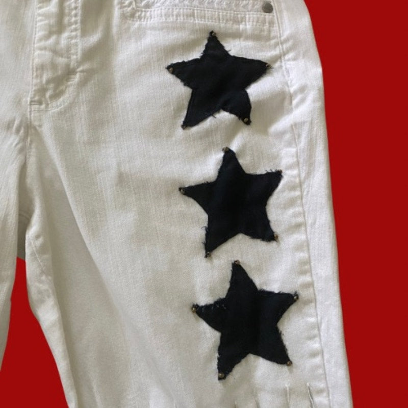 Upcycled White Denim Star Patch Fringe Hem Capris (8)