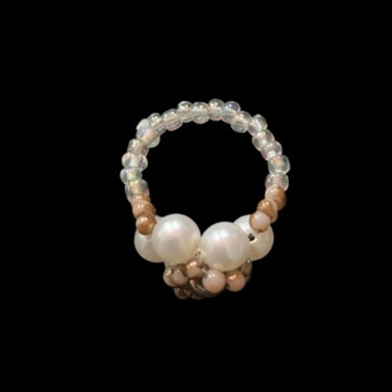 Dainty Vintage Brown/Gold/White Faux Pearl Beaded Flower Ring (5)