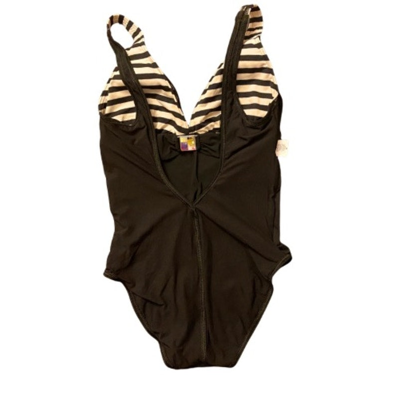 NWT Livia Monte Carlo White/Black Striped One Piece w/ Square Rainbow Disco Prism Accent (L)