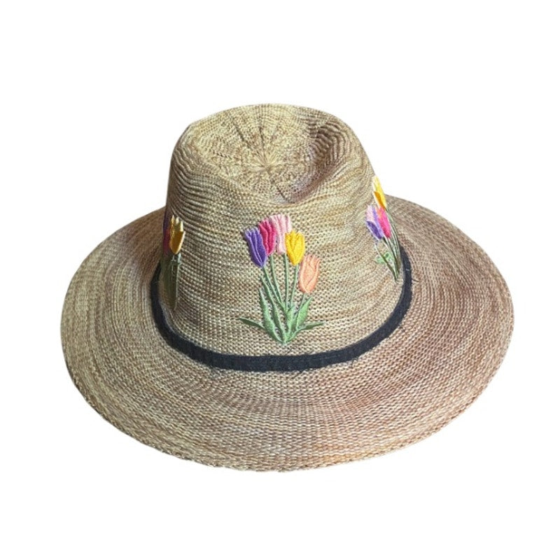 Upcycled Pink/Purple/Yellow Tulip Patch Straw Fedora