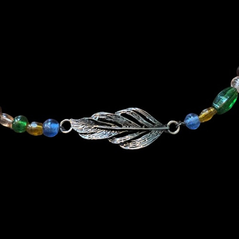 Morning Dew Silver Toned Leaf Link Pendant Rainbow Beaded Necklace