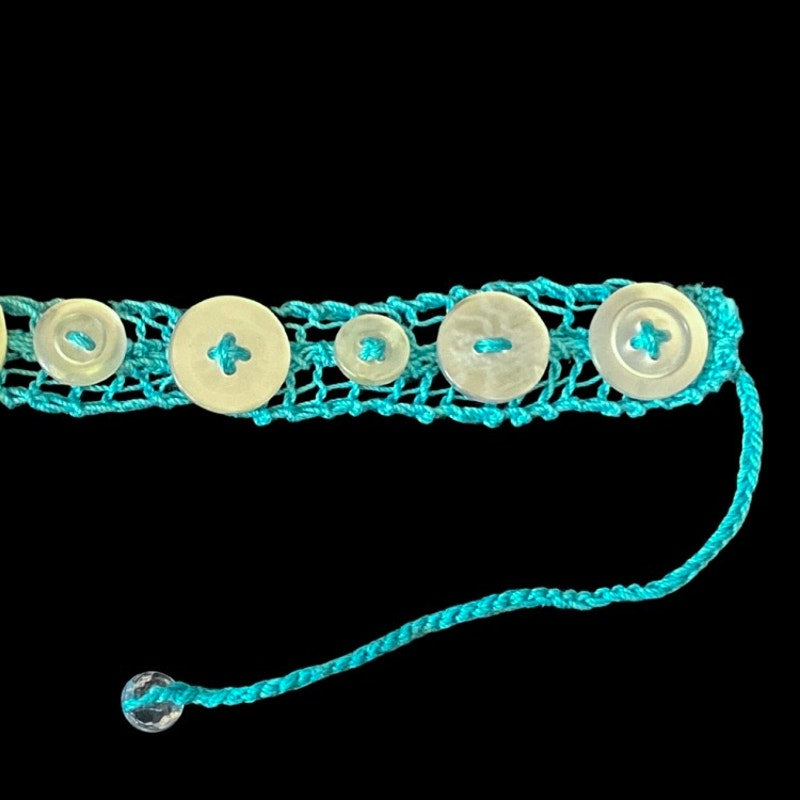 Pearlescent Button Embellished Handknit Turquoise Cotton Choker Necklace
