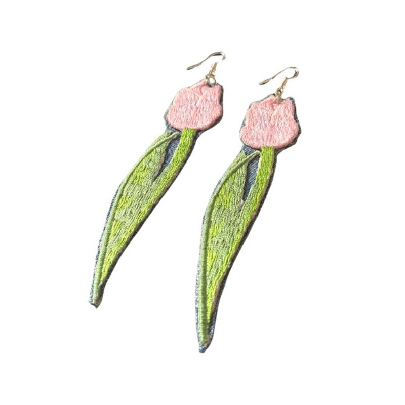 Upcycled Vintage Pink Tulip Embroidered Patch + Denim Earrings