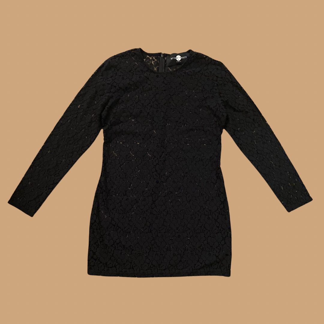 Black Cotton Long-sleeve Lace Party Dress (M)