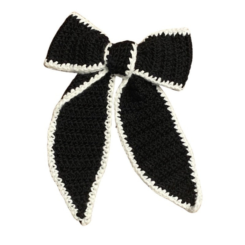 Black Crochet Bow with Cream Trim - Handmade Accessory with Removable Clip