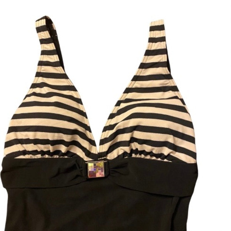 NWT Livia Monte Carlo White/Black Striped One Piece w/ Square Rainbow Disco Prism Accent (L)