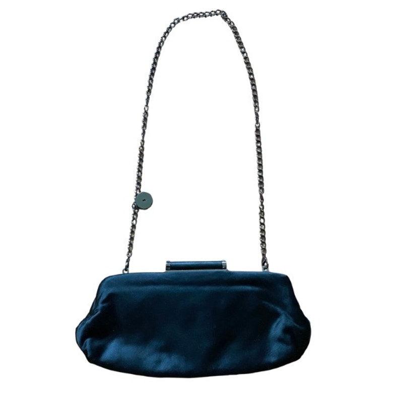 Y2K Cheetah Print Lined Pleated Black Satin Clutch/ Crossbody with Silver Chain Strap