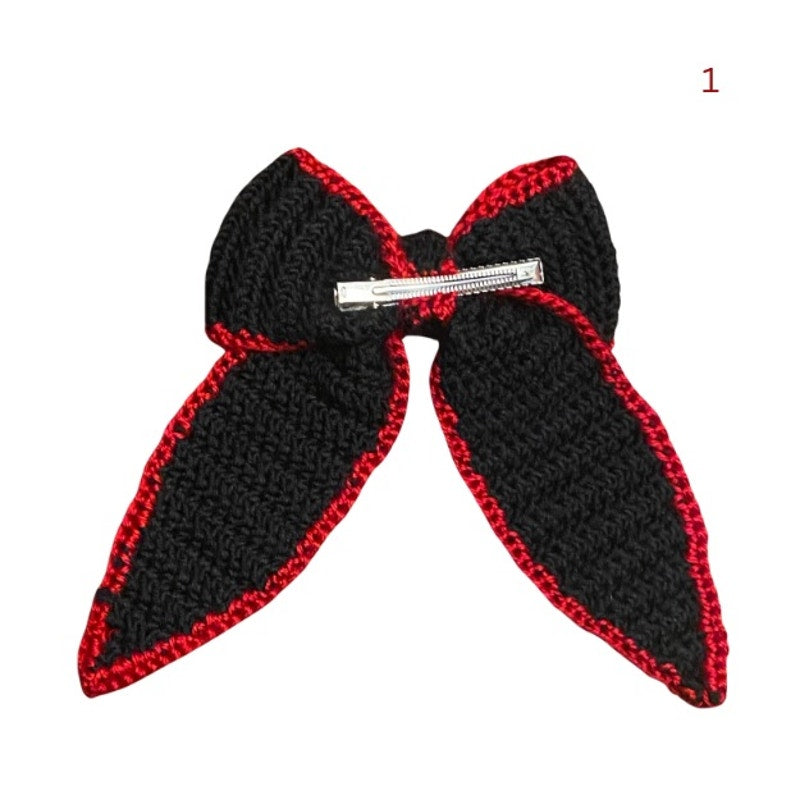 Black Crochet Bow with Red Trim - Handmade Accessory with Removable Clip